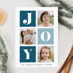 Modern Joy Squares Navy & Light Blue 3 Photo Holiday Card