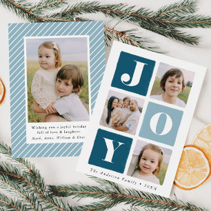Modern Joy Squares Navy & Light Blue 4 Photo Holiday Card