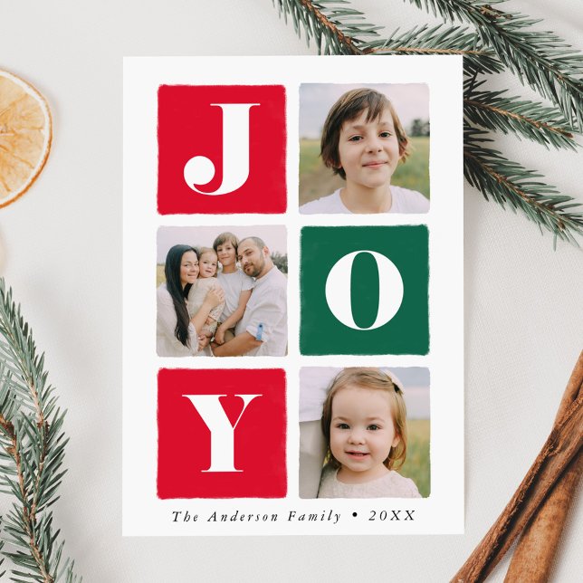 Modern Joy Squares Red & Green 3 Photo Holiday Card (Creator Uploaded)