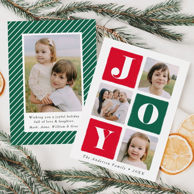 Modern Joy Squares Red & Green 4 Photo Holiday Card (Creator Uploaded)