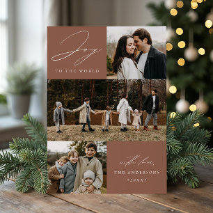 Modern Joy to the World Mocha Brown 4 Photo Holiday Card