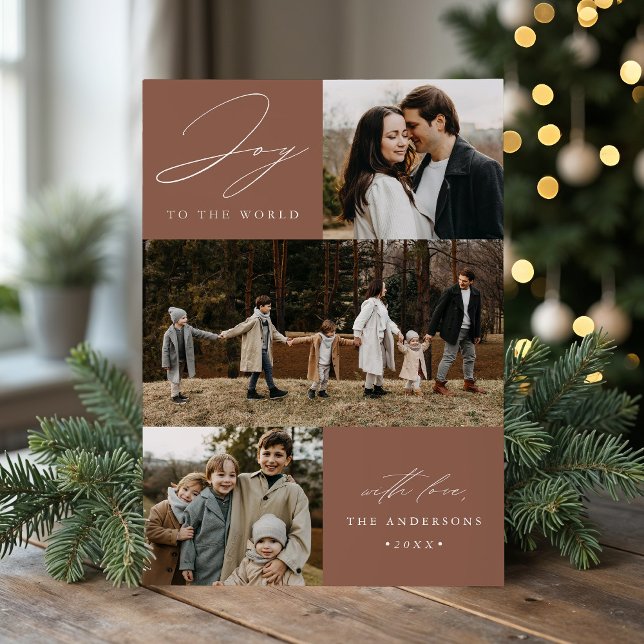 Modern Joy to the World Mocha Brown 4 Photo Holiday Card (Creator Uploaded)