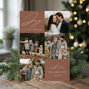 Modern Joy to the World Mocha Brown 5 Photo Holiday Card