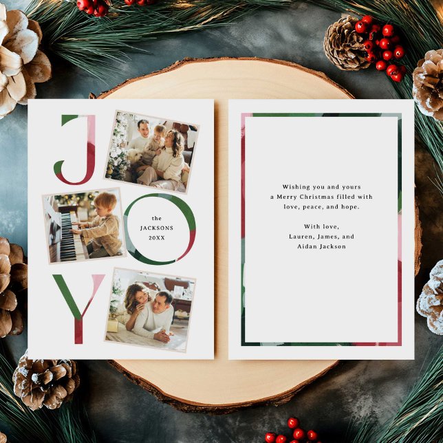 Modern Joy Typography Christmas 3-Photo Snapshots Holiday Card (big JOY word with 3 photo snapshots scattered around.)