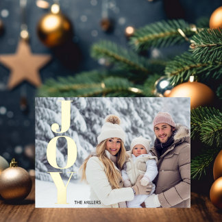 Modern Joy Typography Minimal 1 Photo Tartan Plaid Foil Holiday Postcard