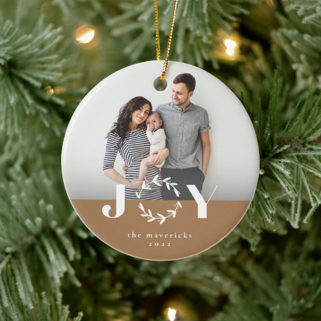 Modern Joy Wreath Photo Holiday Christmas Ceramic Tree Decoration (Tree)