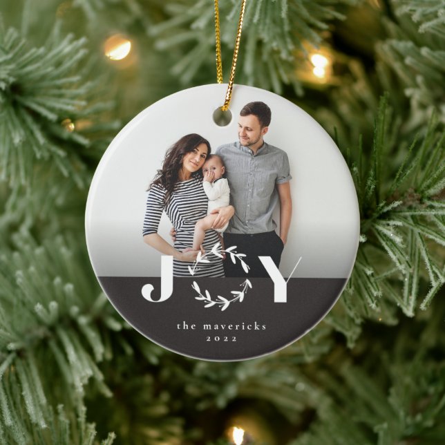 Modern Joy Wreath Photo Holiday Christmas Ceramic Tree Decoration (Tree)