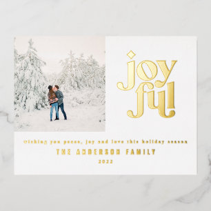 modern joyful 1 photo foil holiday postcard