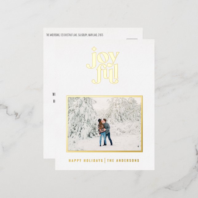 modern joyful 1 photo  foil holiday postcard (Front/Back)