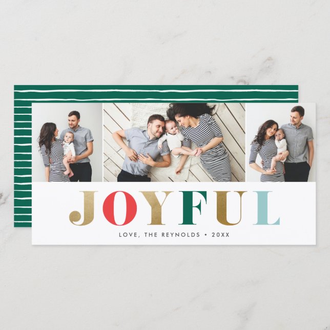Modern Joyful 3 Photo Christmas Holiday Card (Front/Back)