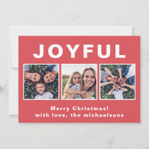 Modern Joyful Christmas Red Photo Collage Holiday Card