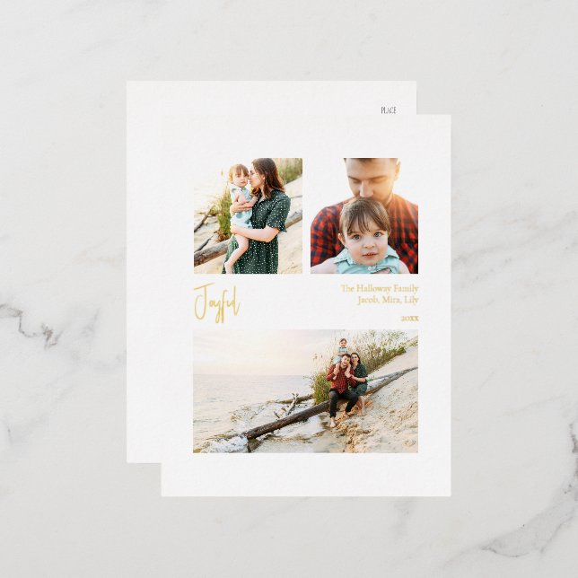 Modern Joyful Christmas Script Three Photo Gold Foil Holiday Postcard (Front/Back)
