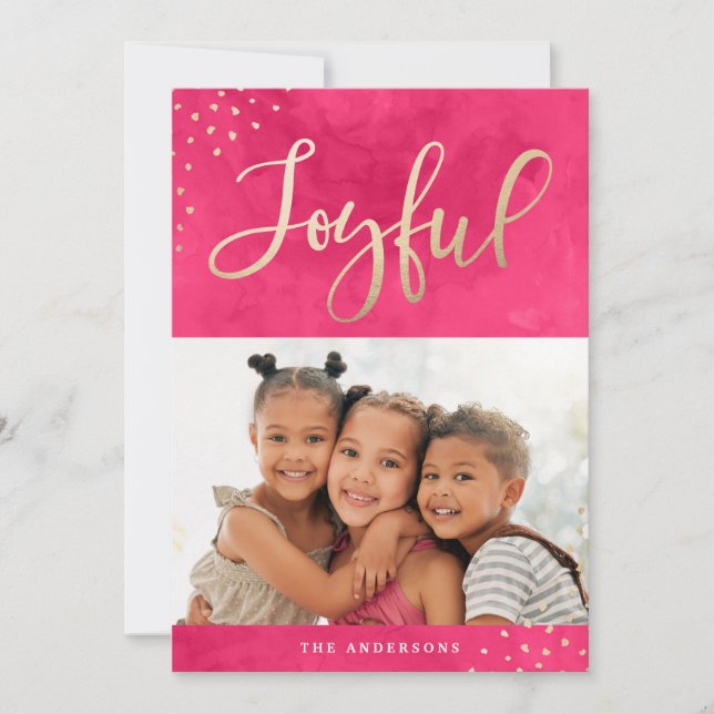 Modern Joyful Gold Pink Watercolor Photo Holiday Card (Front)
