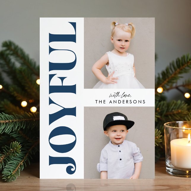 Modern Joyful Navy Christmas 4 Photo Holiday Card (Creator Uploaded)