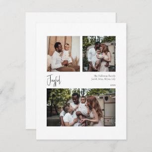 Modern Joyful Script Centred Three-Photo Holiday Card