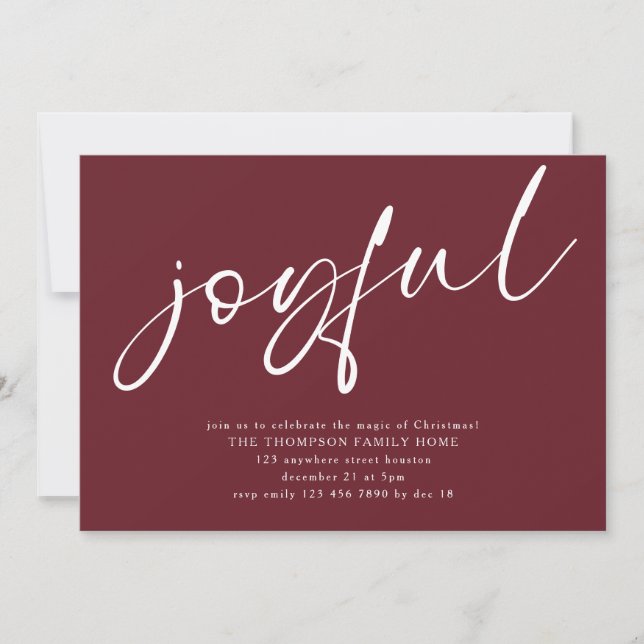 Modern Joyful Script Christmas Party Burgundy Invitation (Front)