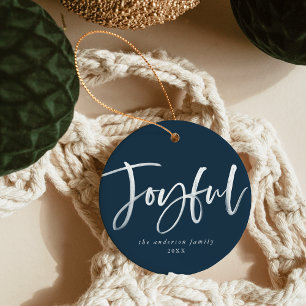 Modern Joyful Script Navy Photo Ceramic Tree Decoration