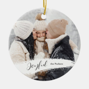 Modern Joyful Script with Snowy Brushstroke Photo Ceramic Tree Decoration