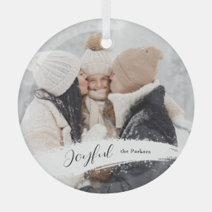 Modern Joyful Script with Snowy Brushstroke Photo Glass Tree Decoration