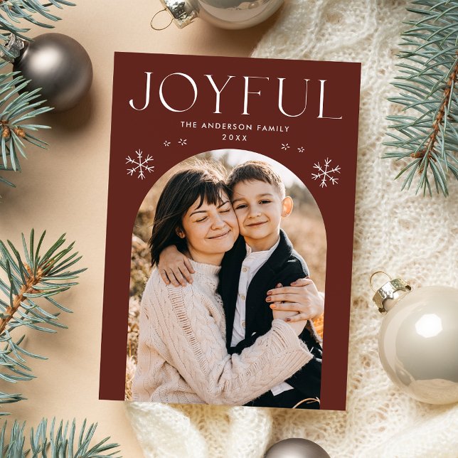 Modern Joyful Snowflake Brown Arch Photo Holiday Card (Creator Uploaded)