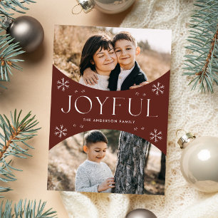 Modern Joyful Snowflake Brown Oval Arch 2 Photo Holiday Card