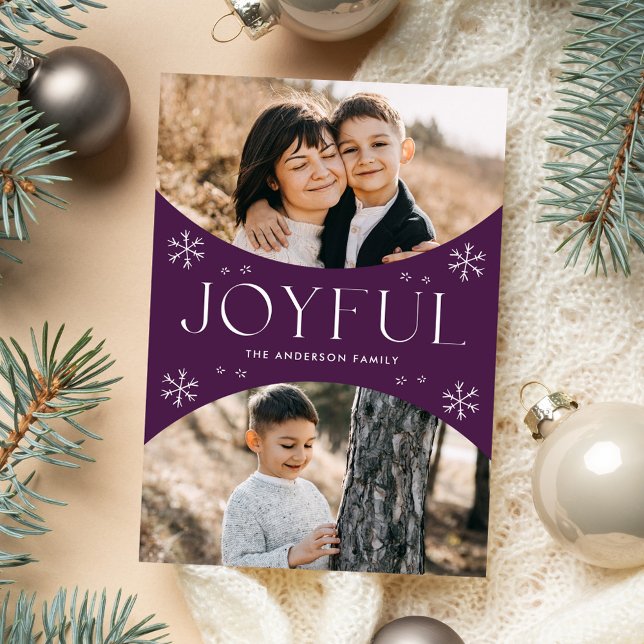 Modern Joyful Snowflake Purple Oval Arch 2 Photo Holiday Card (Creator Uploaded)