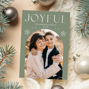 Modern Joyful Snowflake Sage Green Arch Photo Holiday Card