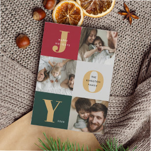 Modern Joyful Trio Photo Collage Red Green Holiday Card