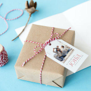 Modern Joyful Typography Red Christmas Photo Gift Tags