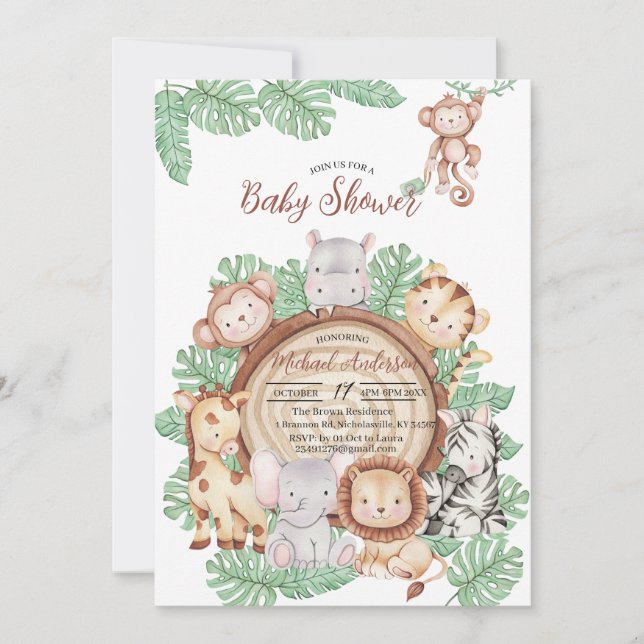 Modern Jungle animals Greenery Safari watercolor b Invitation (Front)