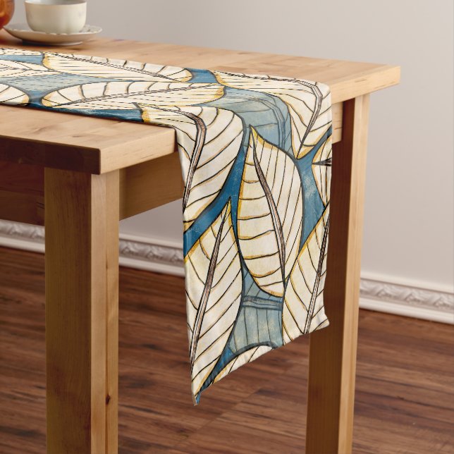 Modern Jungle Big Tropical Leaf Blue and Beige Medium Table Runner (In Situ)