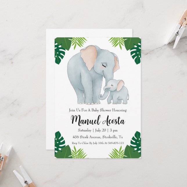 modern jungle elephant baby shower invitations (Front/Back In Situ)