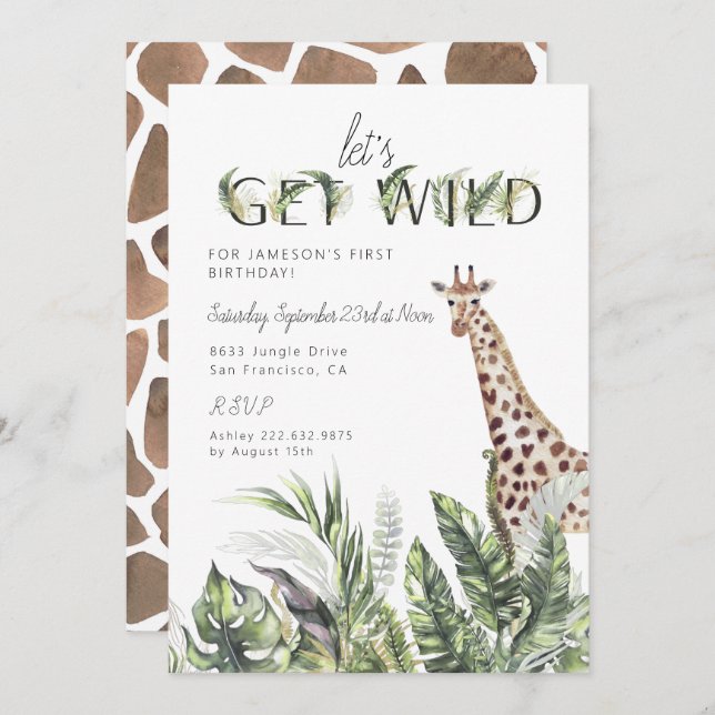 Modern Jungle Greenery | Giraffe Birthday Invitation (Front/Back)