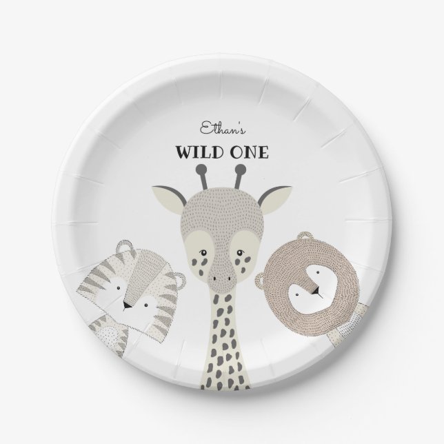 Modern Jungle Wild One Birthday Safari Baby Shower Paper Plate (Front)