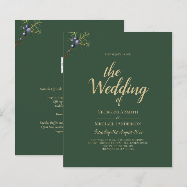 Modern JUNIPER Green GOLD Wedding Invite (Front/Back)