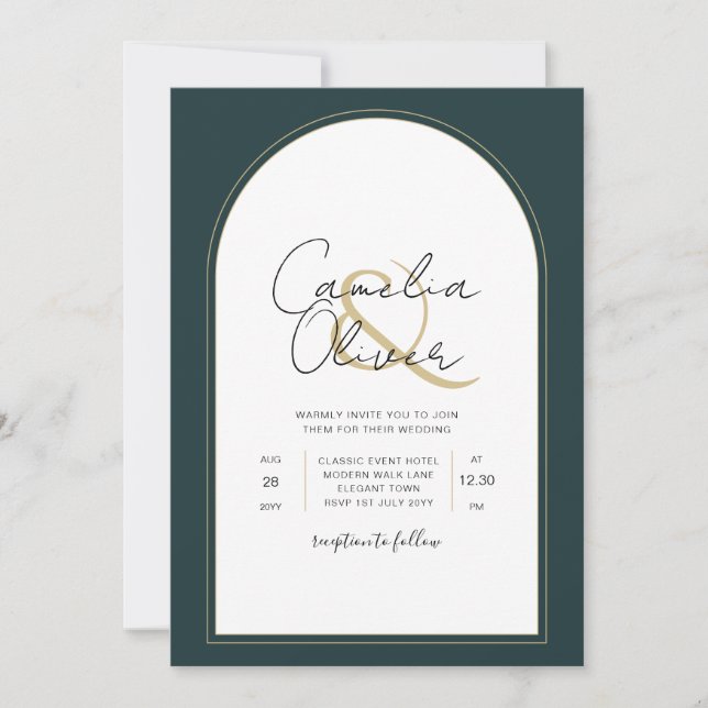 Modern JUNIPER Green Gold Wedding INVITE QR Code (Front)