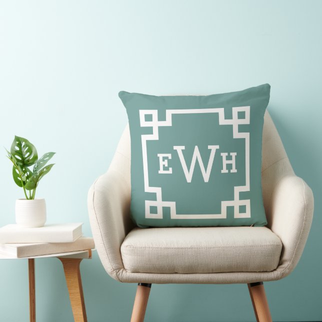 Modern Juniper Green Greek Key Custom Monogram Cushion (Chair)