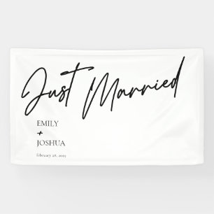 Modern Just Married Black White Wedding Banner