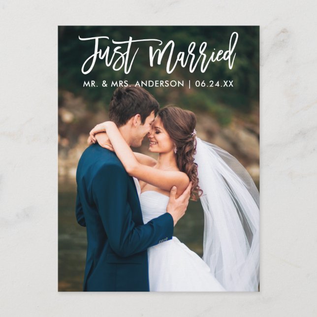 Modern Just Married Brush Script Wedding Photo Postcard (Front)