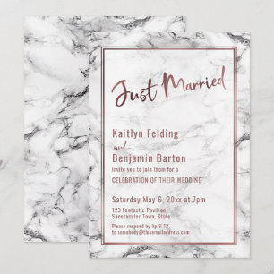 Modern Just Married, Rose Gold, Bold Marble Invitation