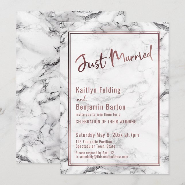 Modern Just Married, Rose Gold, Bold Marble Invitation (Front/Back)