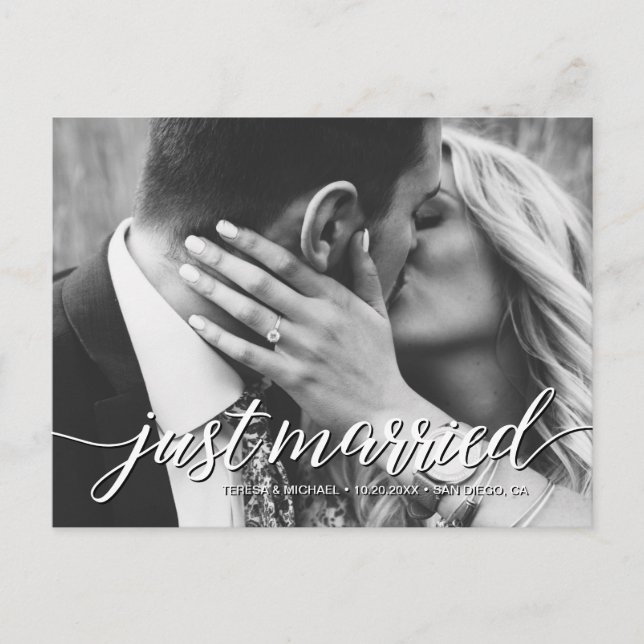 Modern Just Married Script Wedding Photo elopement Postcard (Front)