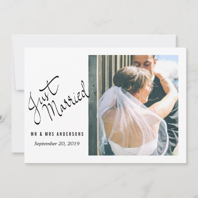 Modern Just Married Typography Wedding Photo Announcement (Front)