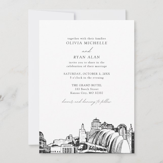 Modern Kansas City Skyline Black & White Wedding Invitation (Front)