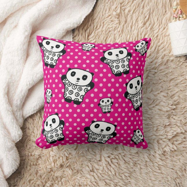 Modern Kawaii Panda Bear Pink Girly Polka Dot Cushion (Blanket)