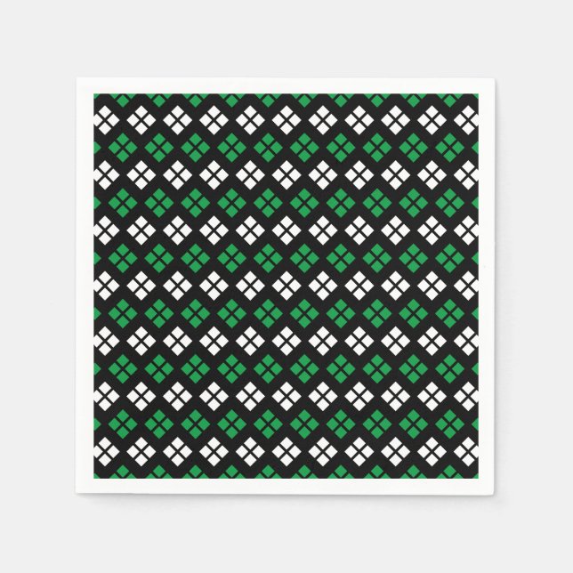 Modern Kelly Green & White Argyle Pattern on Black Napkin (Front)