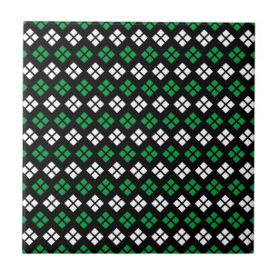 Modern Kelly Green & White Argyle Pattern on Black Tile