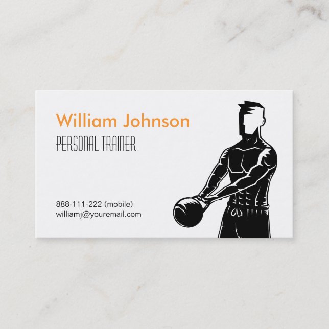 Modern Kettlebell Fit Male Personal Trainer Business Card (Front)