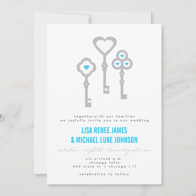 Modern Key with Hearts Wedding Invitation (Front)