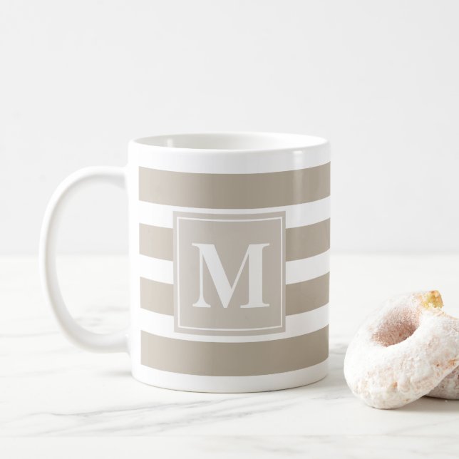 Modern Khaki and White Stripe with Monogram Coffee Mug (With Donut)